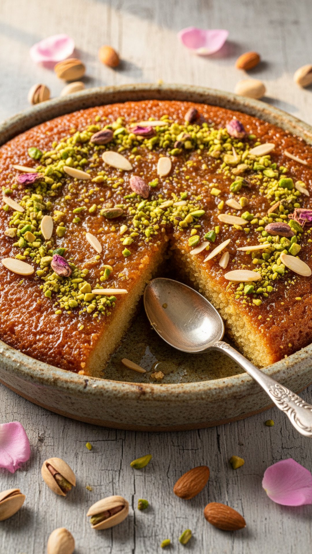 Rose Pistachio and Almond Basbousa Preparation
