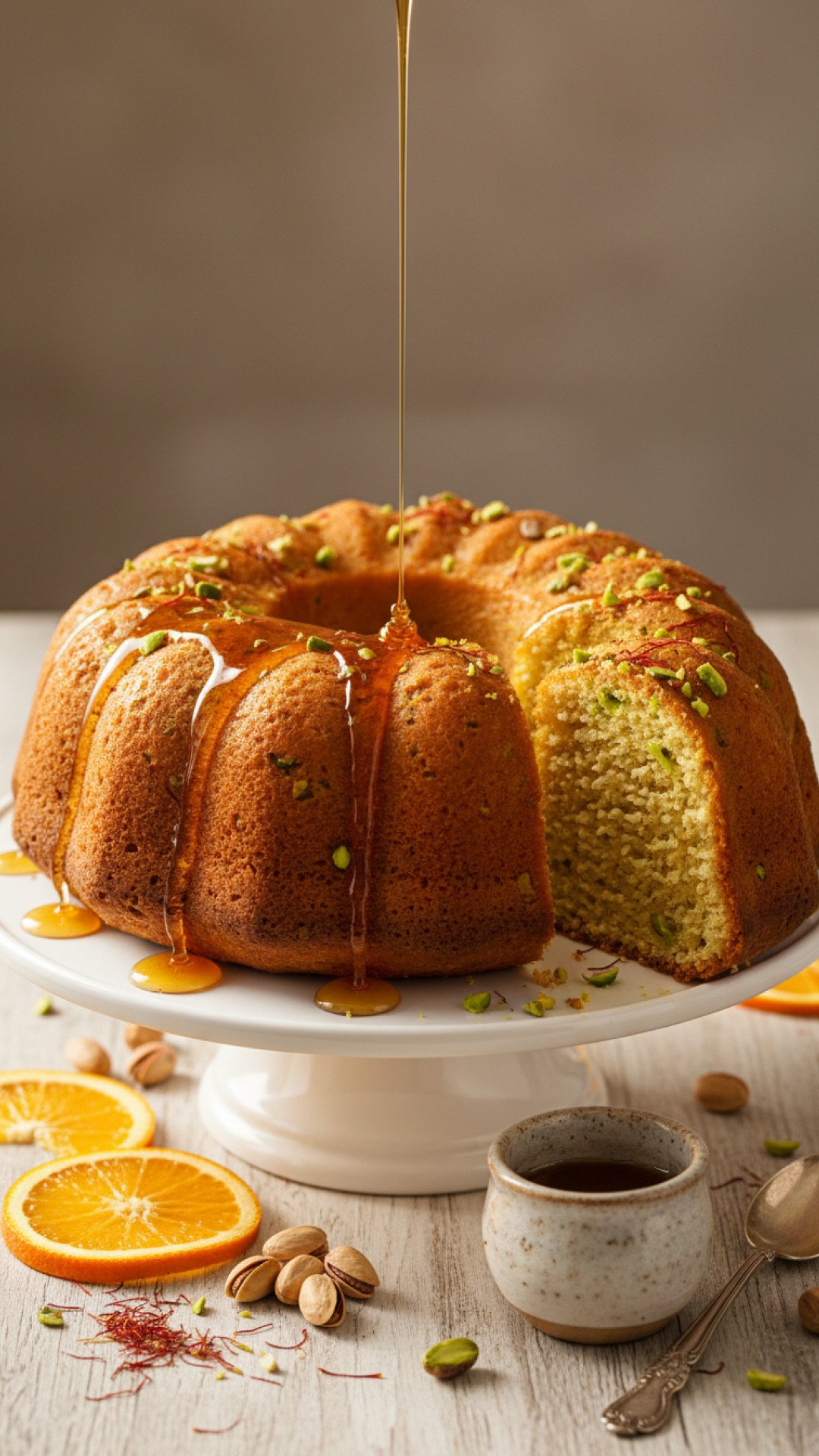 Saffron Infused Orange and Pistachio Cake with Honey Drizzle Preparation