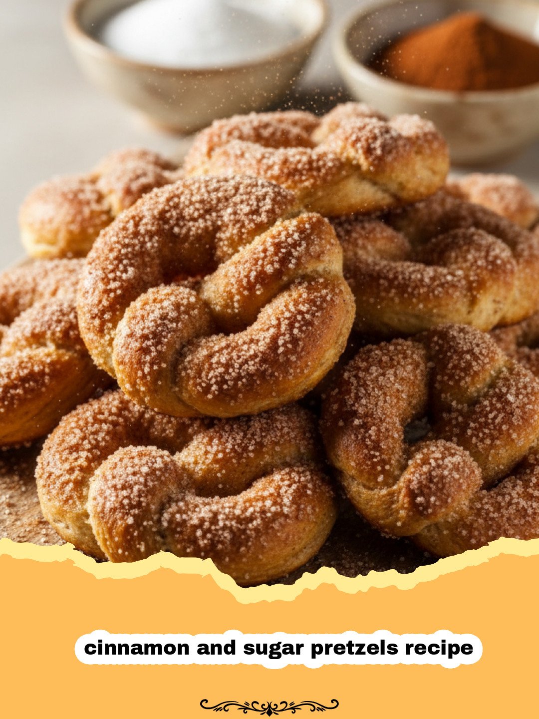 cinnamon and sugar pretzels recipe - A close-up shot of several golden brown pretzels coated in cinnamon and sugar on a cooling rack.