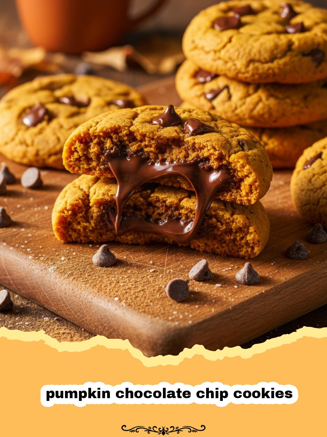 A stack of soft pumpkin chocolate chip cookies on a cooling rack with chocolate melting.