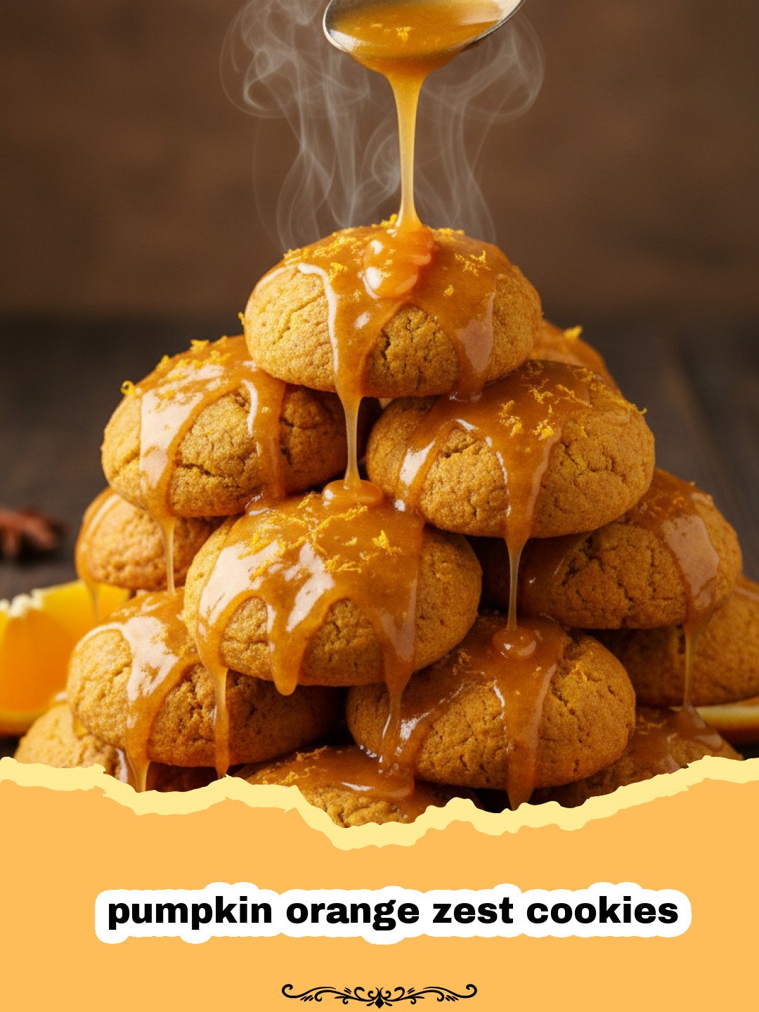 A stack of soft pumpkin orange zest cookies on a cooling rack with fresh orange slices nearby.
