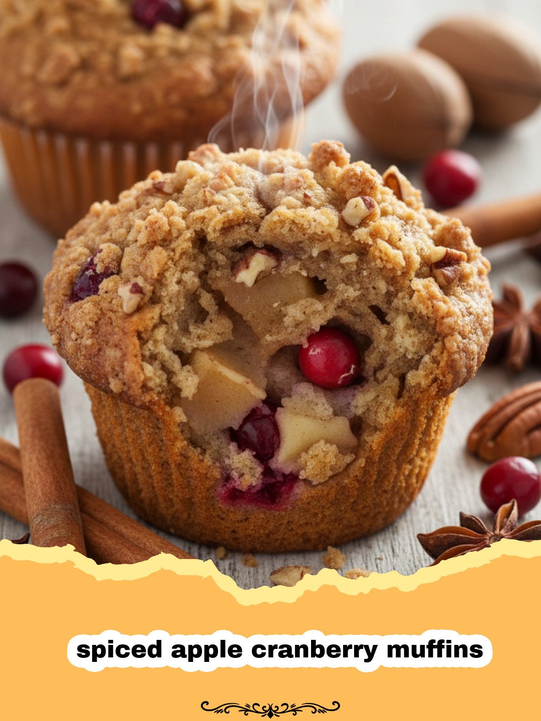 The Best Spiced Apple Cranberry Muffins for a Cozy Morning 3 A close-up shot of golden-brown spiced apple cranberry muffins with visible red cranberries and apple chunks on a cooling rack.