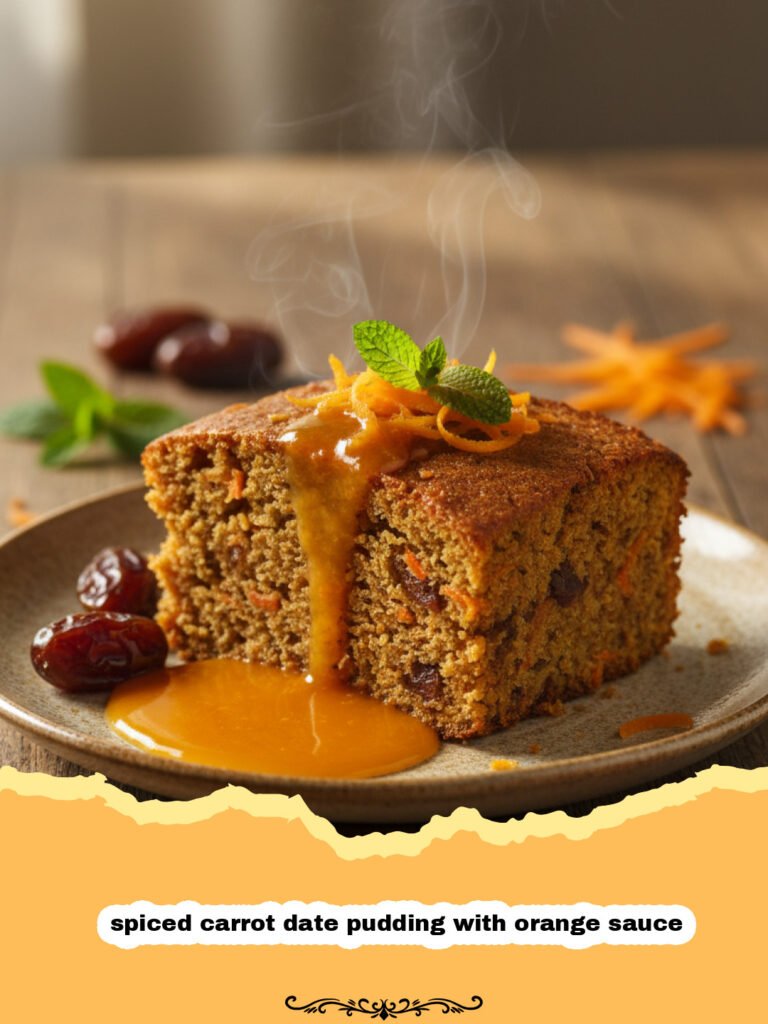 spiced carrot date pudding with orange sauce - A warm slice of spiced carrot date pudding topped with a glossy orange sauce on a white plate.