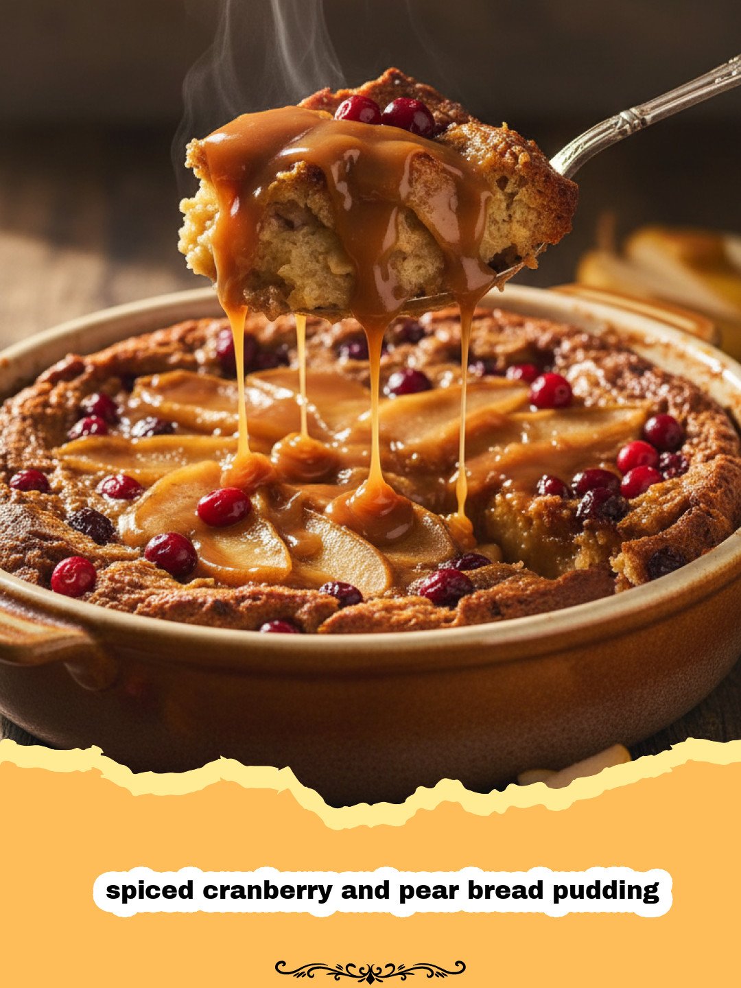Comforting Spiced Cranberry and Pear Bread Pudding for the Holidays 3 A golden-brown spiced cranberry and pear bread pudding in a glass baking dish, topped with fresh cranberries and pear slices.