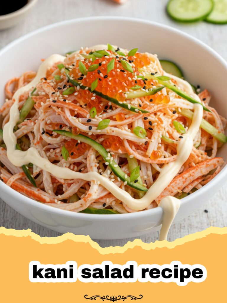 kani salad recipe - A bowl of creamy spicy kani salad with shredded crab and cucumbers
