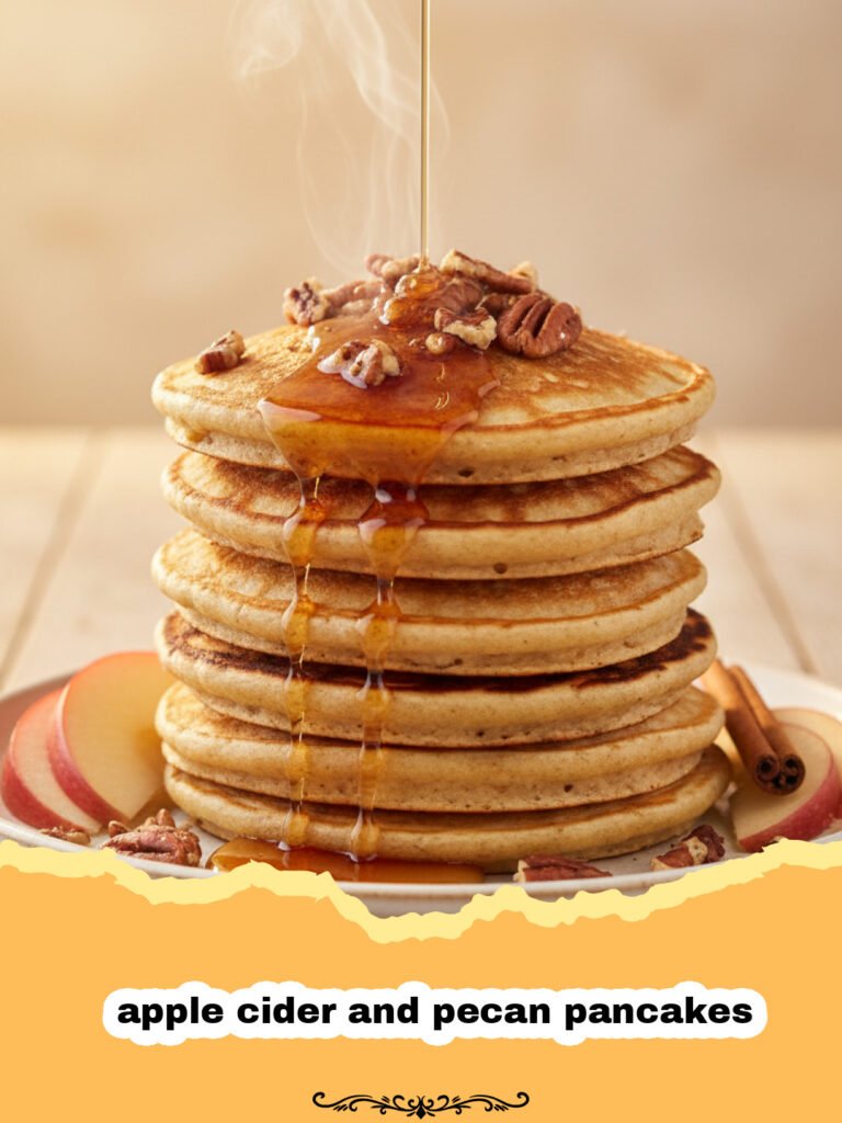 The Ultimate Apple Cider and Pecan Pancakes for Fall 5 A stack of fluffy apple cider and pecan pancakes topped with maple syrup and extra pecans.