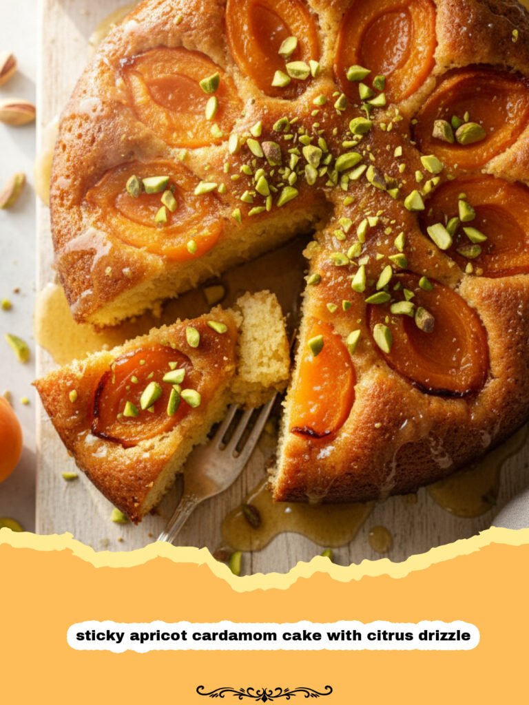 The Ultimate Sticky Apricot Cardamom Cake with Citrus Drizzle 5 A close-up shot of a slice of sticky apricot cardamom cake with citrus drizzle showing the moist texture and glaze.