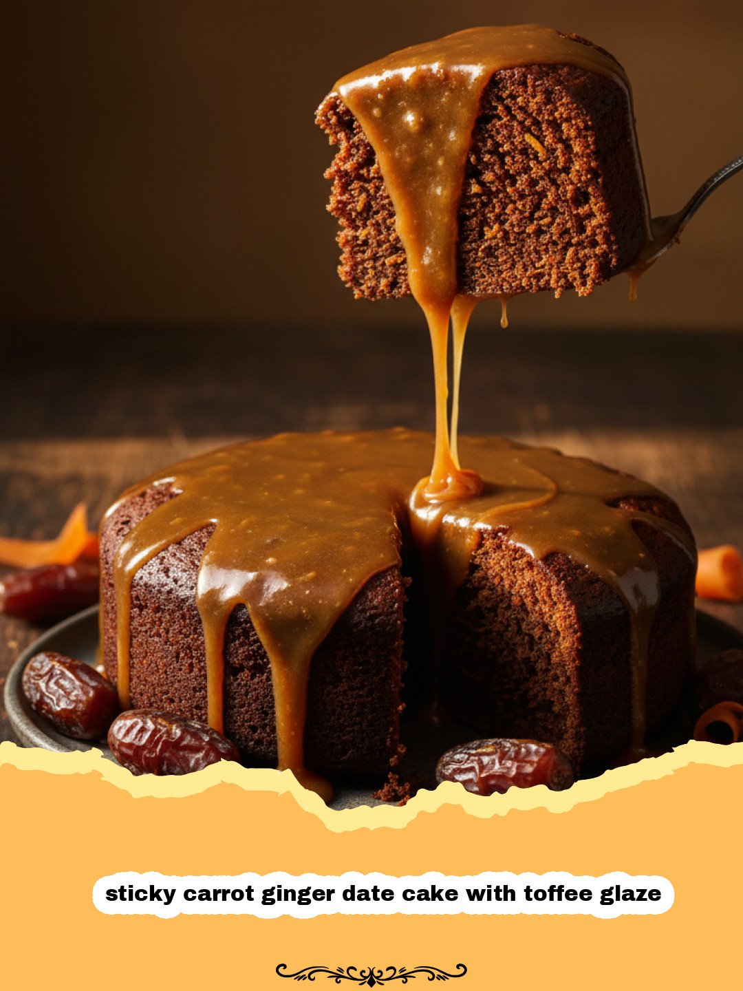 Sticky Carrot Ginger Date Cake with Toffee Glaze 3 A close-up shot of a slice of sticky carrot ginger date cake with toffee glaze dripping down the sides.