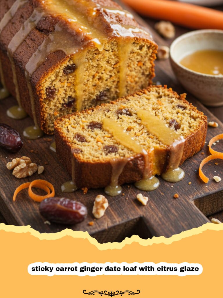 Sticky Carrot Ginger Date Loaf with Citrus Glaze 5 sticky carrot ginger date loaf with citrus glaze - A close up shot of a sliced sticky carrot ginger date loaf with a shiny citrus glaze dripping down the sides.