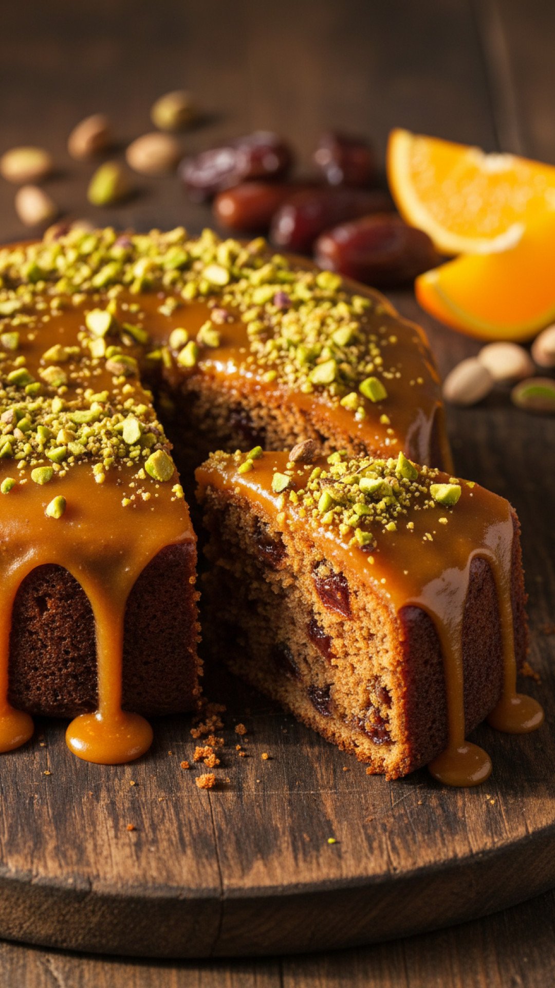 Sticky Date Orange Cake with Pistachio Crumble Preparation