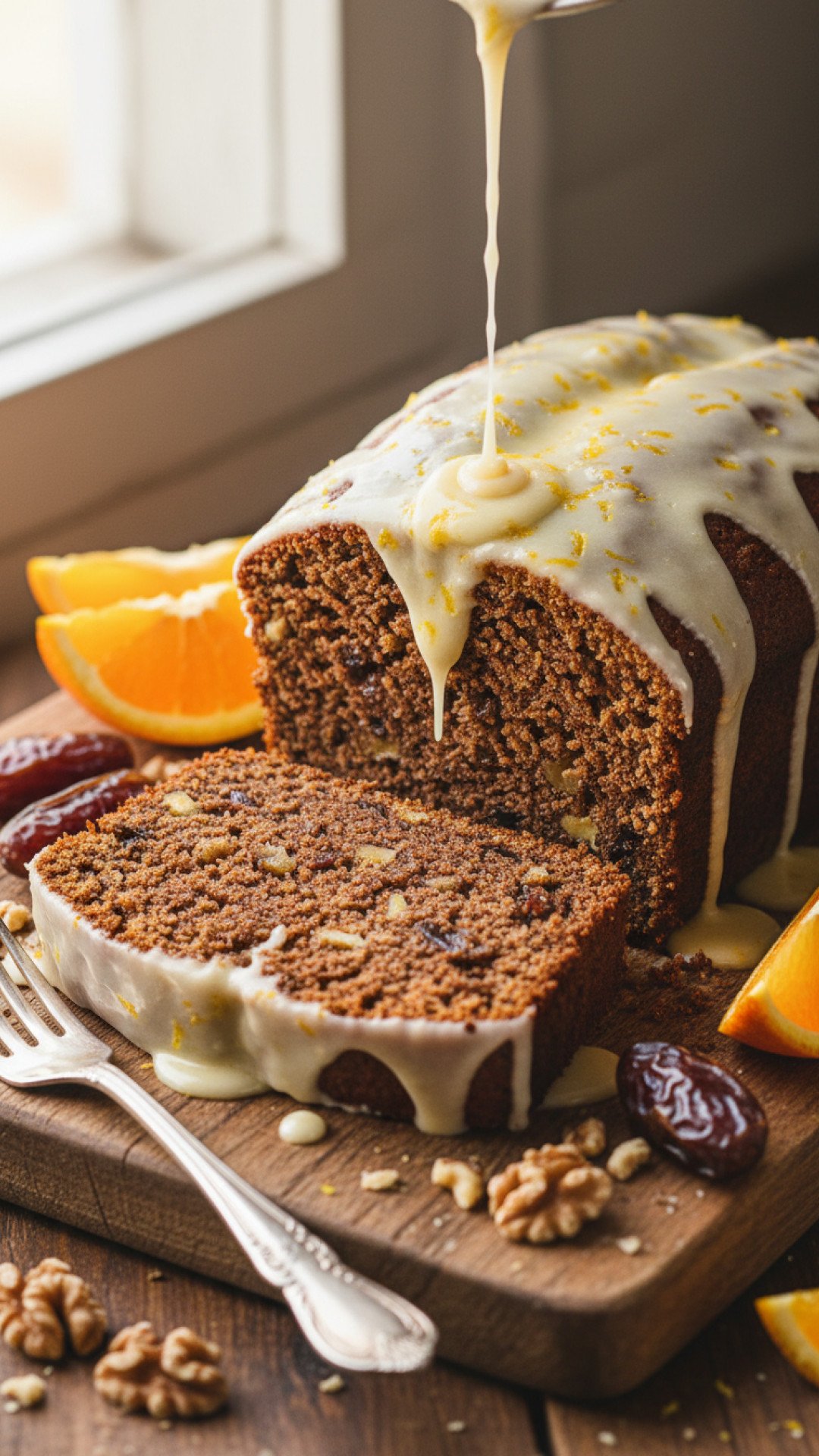 Sticky Ginger Date Walnut Cake with Citrus Icing Preparation
