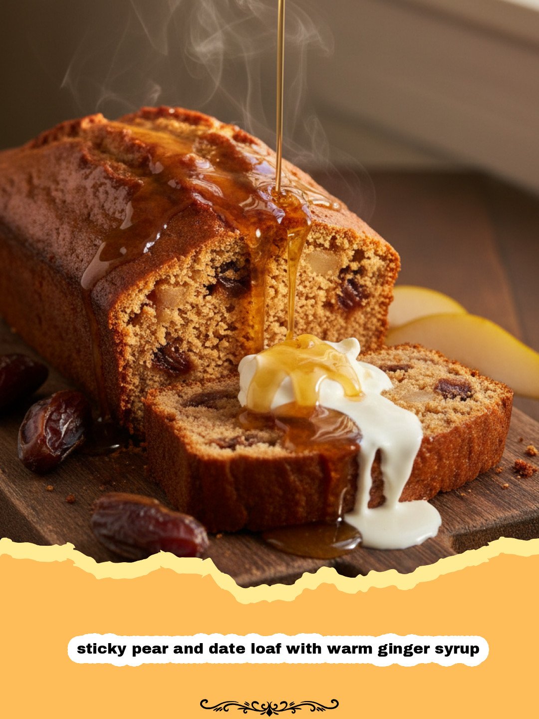 A close up shot of a sliced sticky pear and date loaf with warm ginger syrup glistening on top