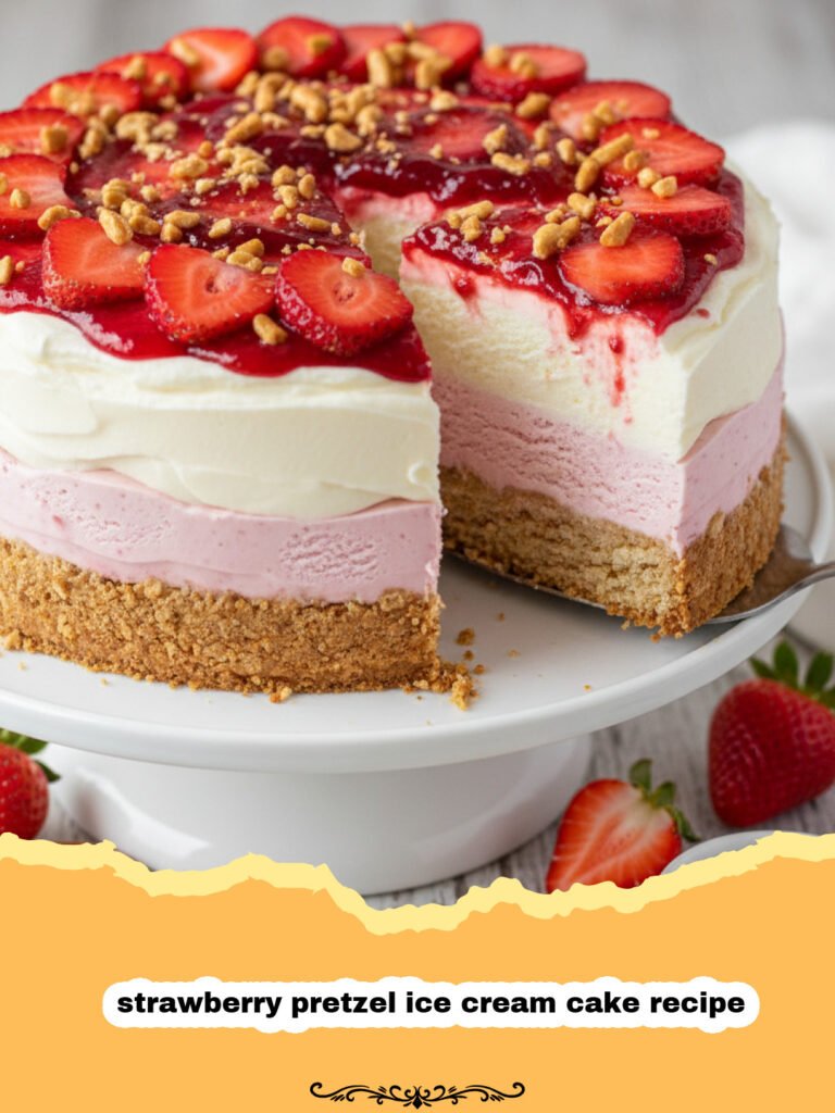 strawberry pretzel ice cream cake recipe - A beautiful slice of strawberry pretzel ice cream cake showing the pretzel, cream cheese, and pink ice cream layers.