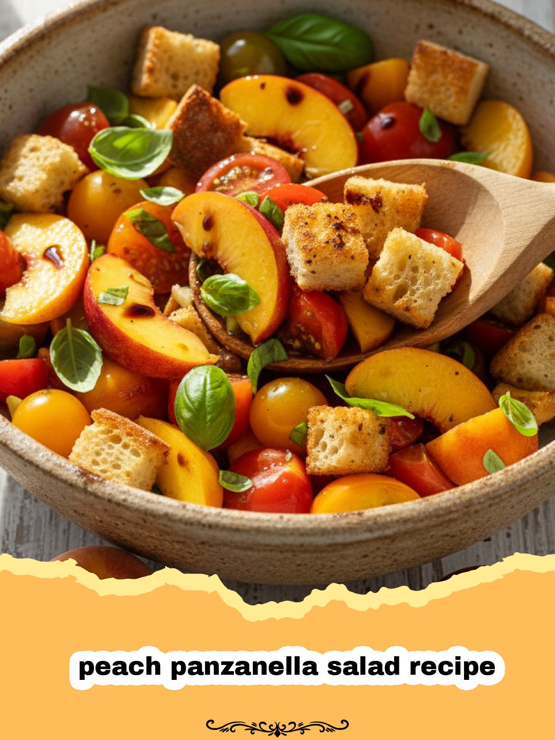 peach panzanella salad recipe - A colorful peach panzanella salad in a white bowl with basil and mozzarella