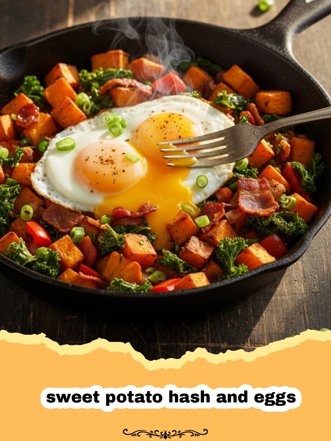The Ultimate Sweet Potato Hash and Eggs for a Nutritious Morning 3 sweet potato hash and eggs - A cast iron skillet filled with golden sweet potato hash and four sunny side up eggs garnished with parsley.