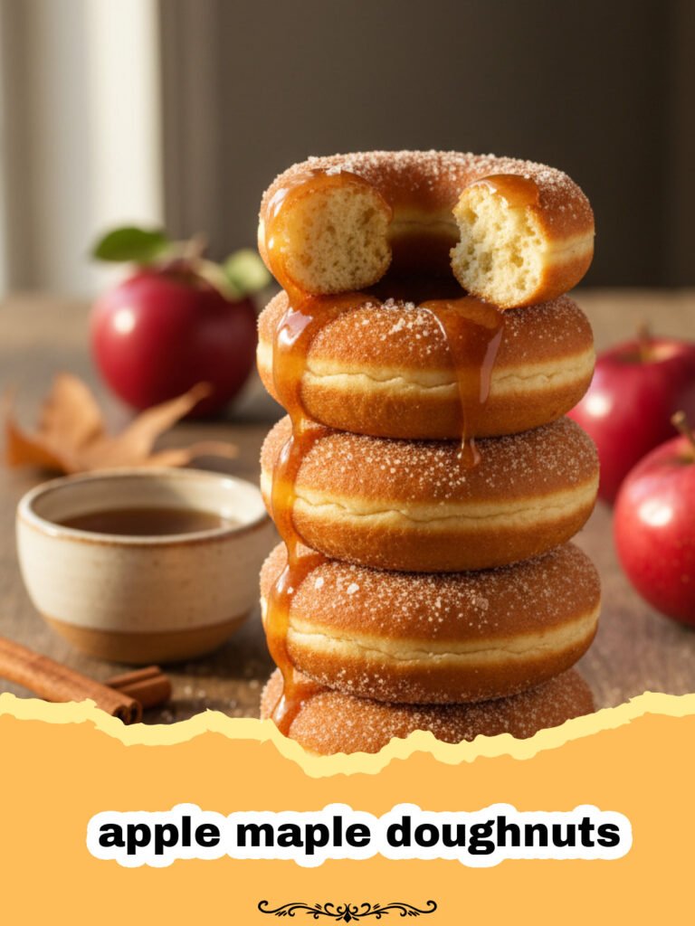 Golden brown apple maple doughnuts with a thick maple glaze sitting on a wire rack.