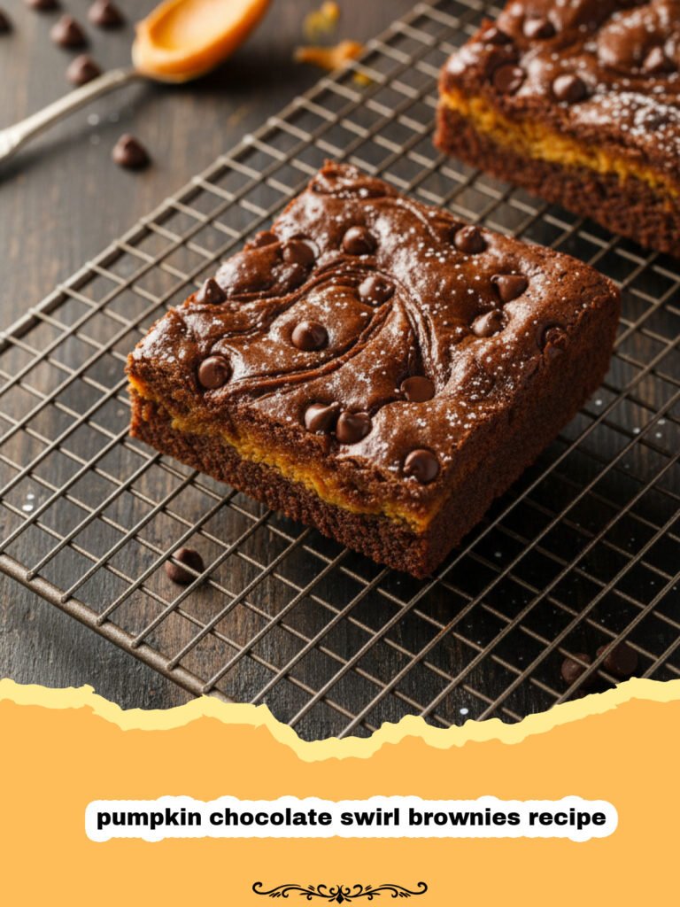 pumpkin chocolate swirl brownies recipe - Close up of a sliced pumpkin chocolate swirl brownie with beautiful orange and brown marbling