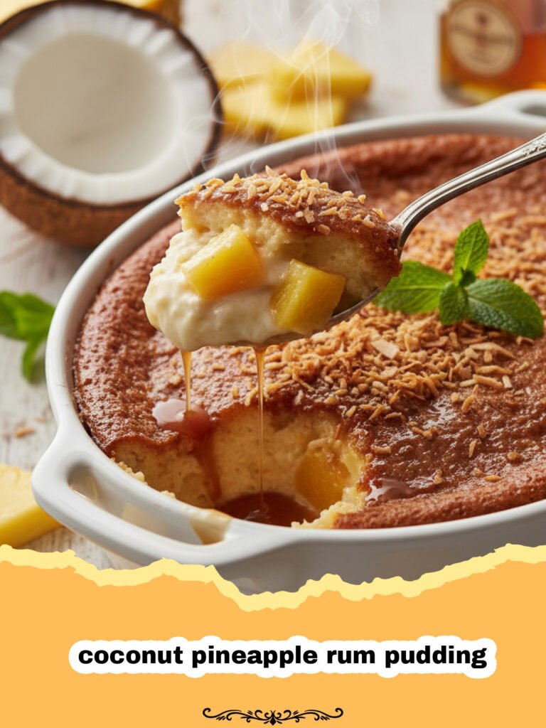 The Ultimate Tropical Coconut Pineapple Rum Pudding 5 A golden-brown coconut pineapple rum pudding in a ceramic dish, topped with toasted coconut.
