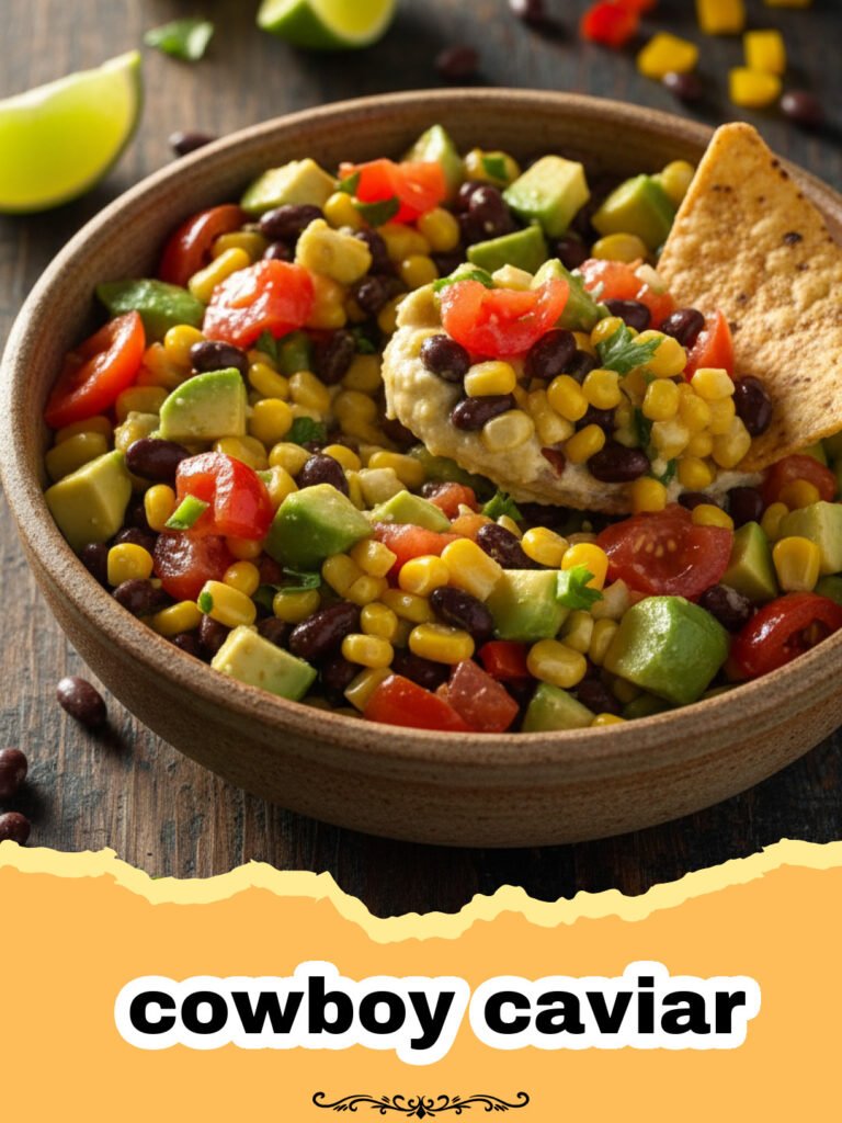A large bowl of colorful cowboy caviar served with tortilla chips