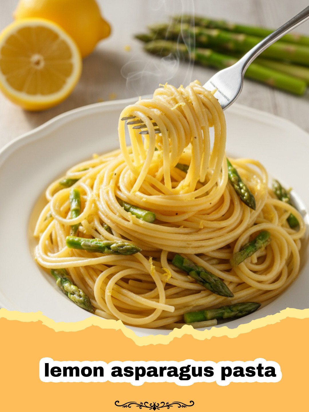 A close-up shot of lemon asparagus pasta in a white bowl with lemon slices.