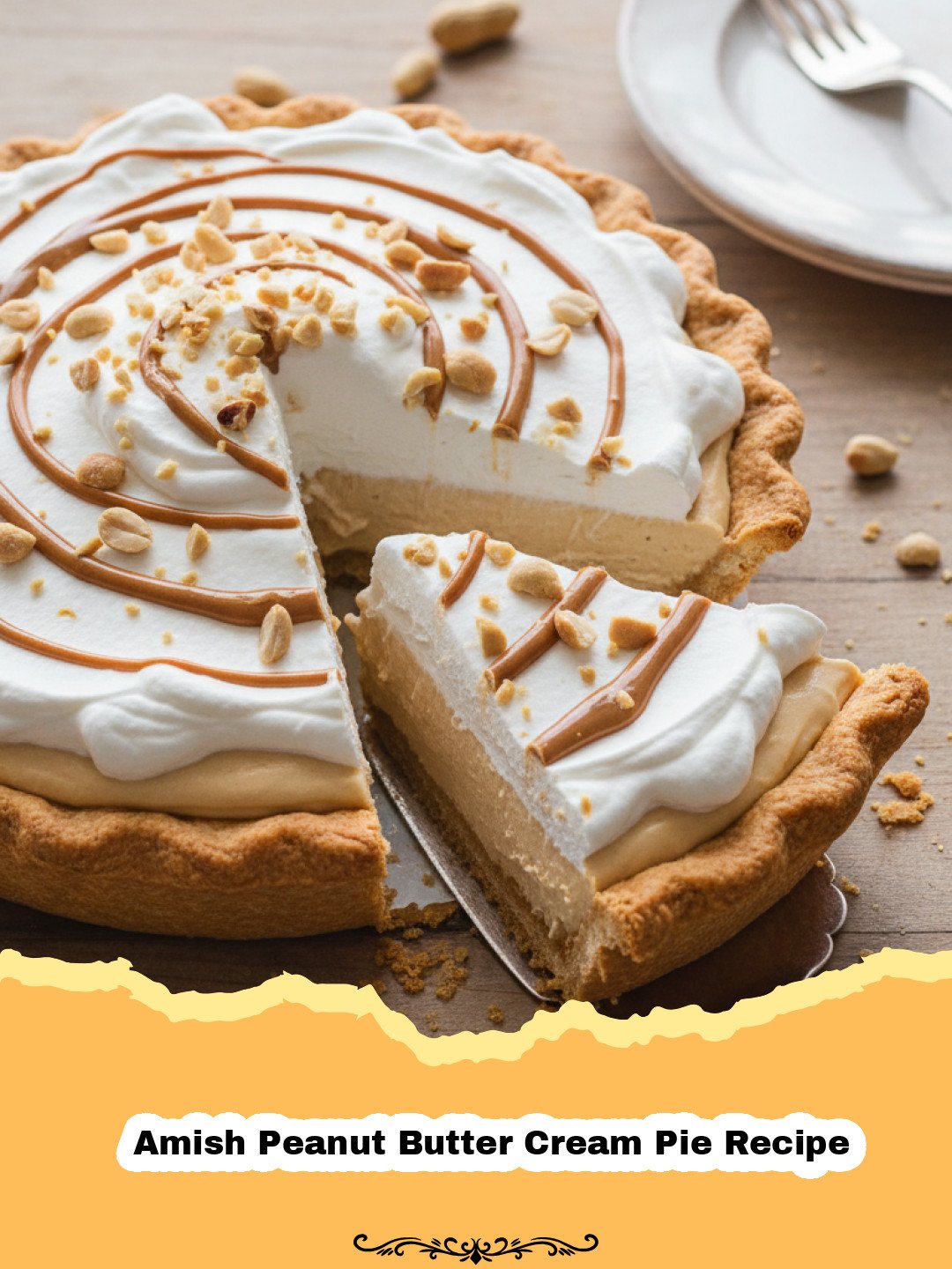 Amish Peanut Butter Cream Pie Recipe - A perfectly sliced Amish Peanut Butter Cream Pie on a white plate, showing layers of graham cracker crust, creamy peanut butter filling, and fluffy whipped cream, garnished with peanut butter shavings.