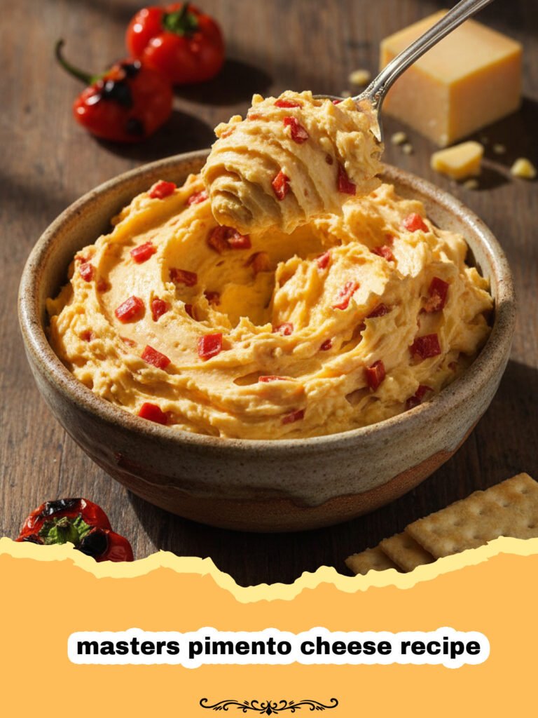 masters pimento cheese recipe - A close-up shot of creamy, orange Masters pimento cheese spread, garnished with a few whole pimentos, served in a rustic bowl with crackers on the side.