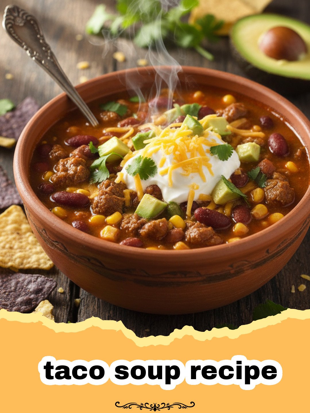 The Ultimate Hearty One-Pot Taco Soup: Your New Weeknight Hero! 3 taco soup recipe - A steaming bowl of hearty taco soup topped with cheese, sour cream, and cilantro, with tortilla chips and lime wedges on the side.