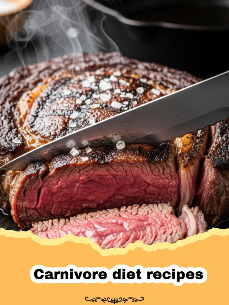 Carnivore diet recipes - A perfectly roasted and sliced ribeye beef roast on a wooden cutting board, part of a collection of carnivore diet recipes.