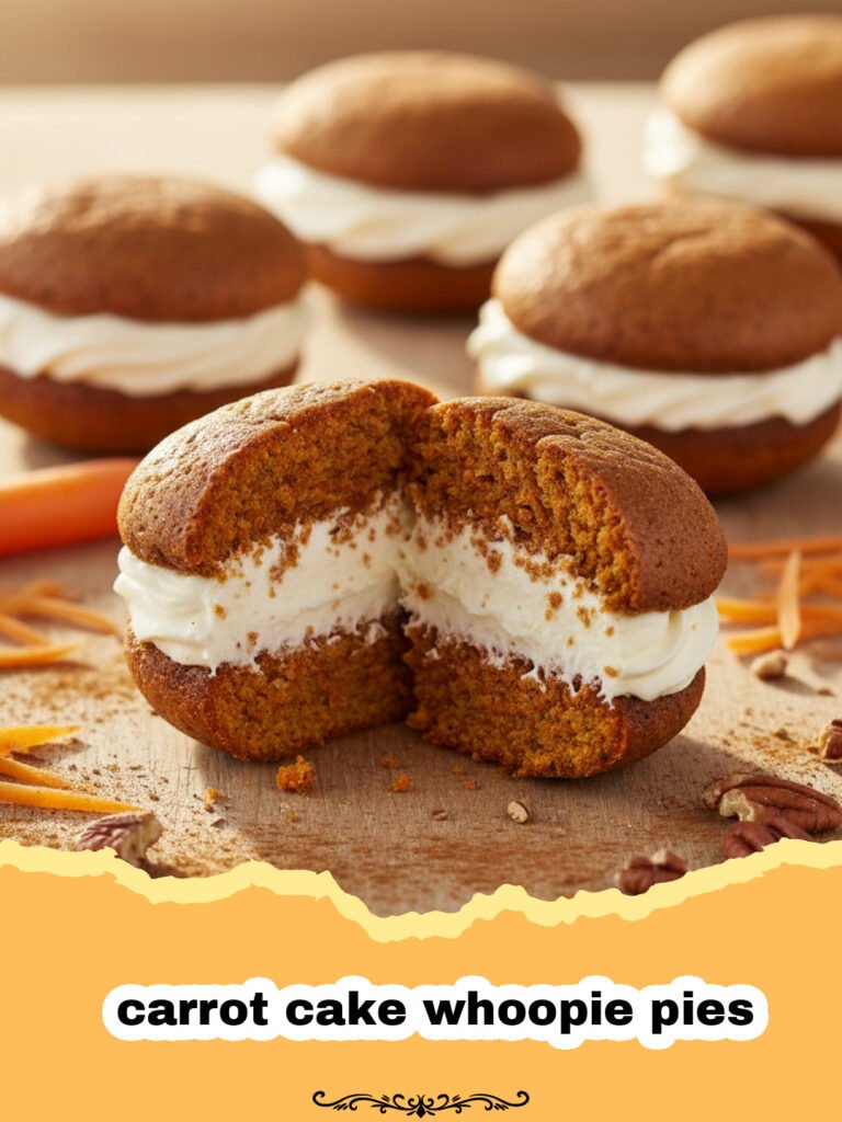 The Ultimate Guide to Delicious Carrot Cake Whoopie Pies 5 Two carrot cake whoopie pies with cream cheese frosting stacked on a wooden board, garnished with a sprinkle of cinnamon.