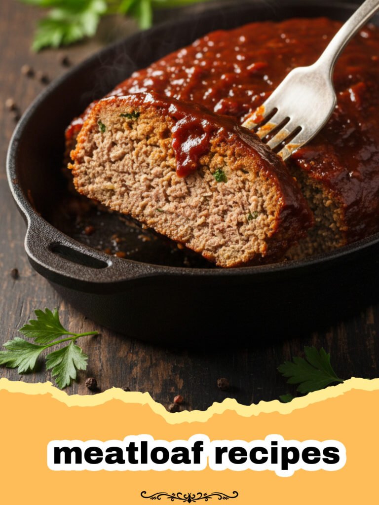 meatloaf recipes - A sliced classic homestyle meatloaf on a white plate with mashed potatoes and green beans, topped with a tangy-sweet glaze.
