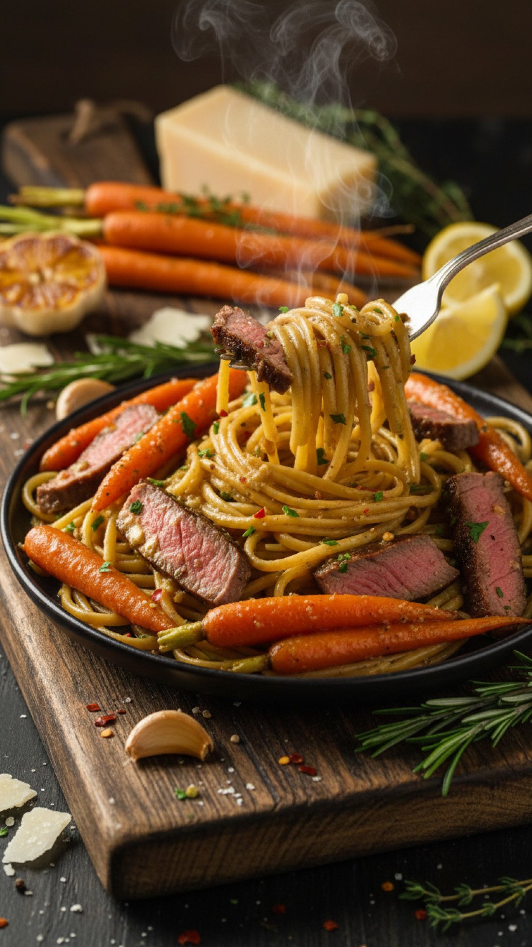 Cowboy Butter Steak Linguine Roasted Carrots Preparation