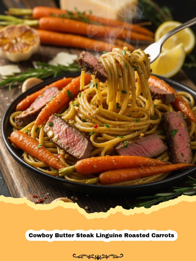 Cowboy Butter Steak Linguine Roasted Carrots - Close-up of Cowboy Butter Steak Linguine with Roasted Carrots in a skillet, garnished with fresh herbs.