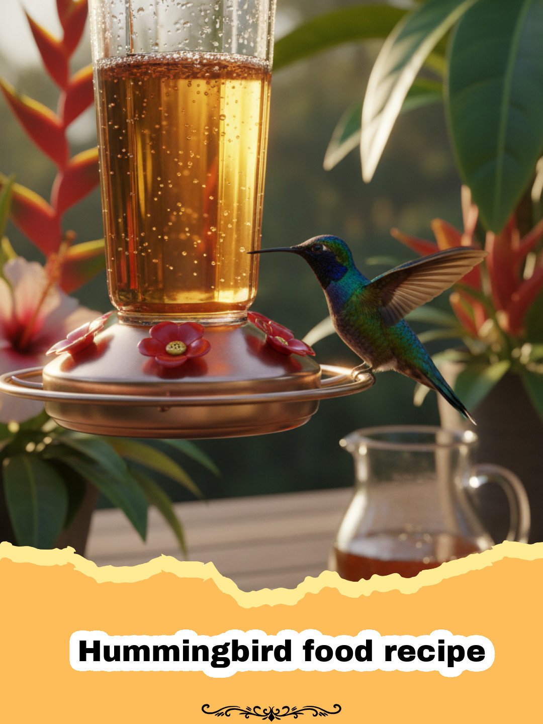 Easy Homemade Nectar: The Best Hummingbird Food Guide 3 Hummingbird food recipe - A clear hummingbird feeder filled with homemade sugar water nectar in a green garden setting.