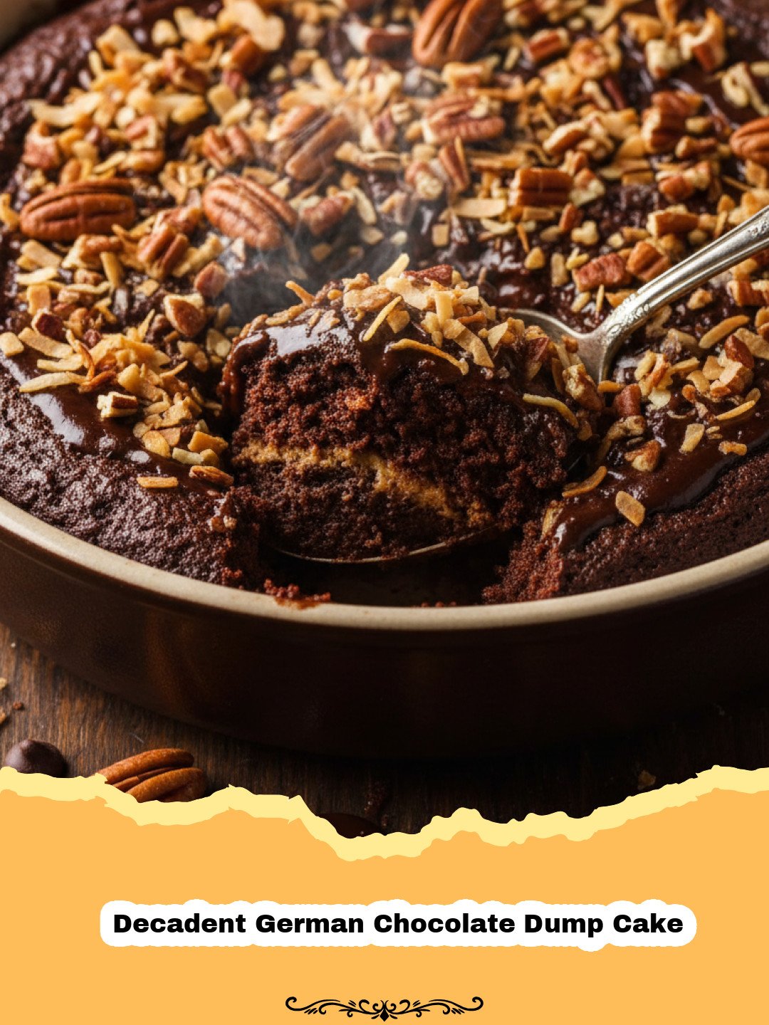 The Easiest & Most Decadent German Chocolate Dump Cake You'll Ever Make 3 Close-up of a warm, gooey slice of Decadent German Chocolate Dump Cake topped with melted chocolate and pecans, served with vanilla ice cream.