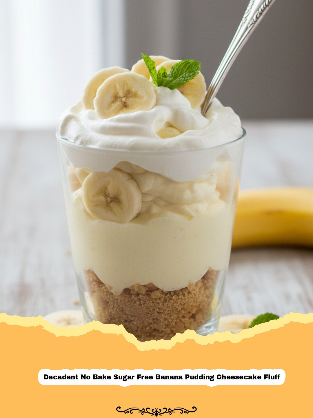 Divine Decadence: Sugar-Free No-Bake Banana Pudding Cheesecake Fluff 3 A close-up shot of Decadent No Bake Sugar Free Banana Pudding Cheesecake Fluff in a glass dish, garnished with fresh banana slices and a sprinkle of cinnamon.