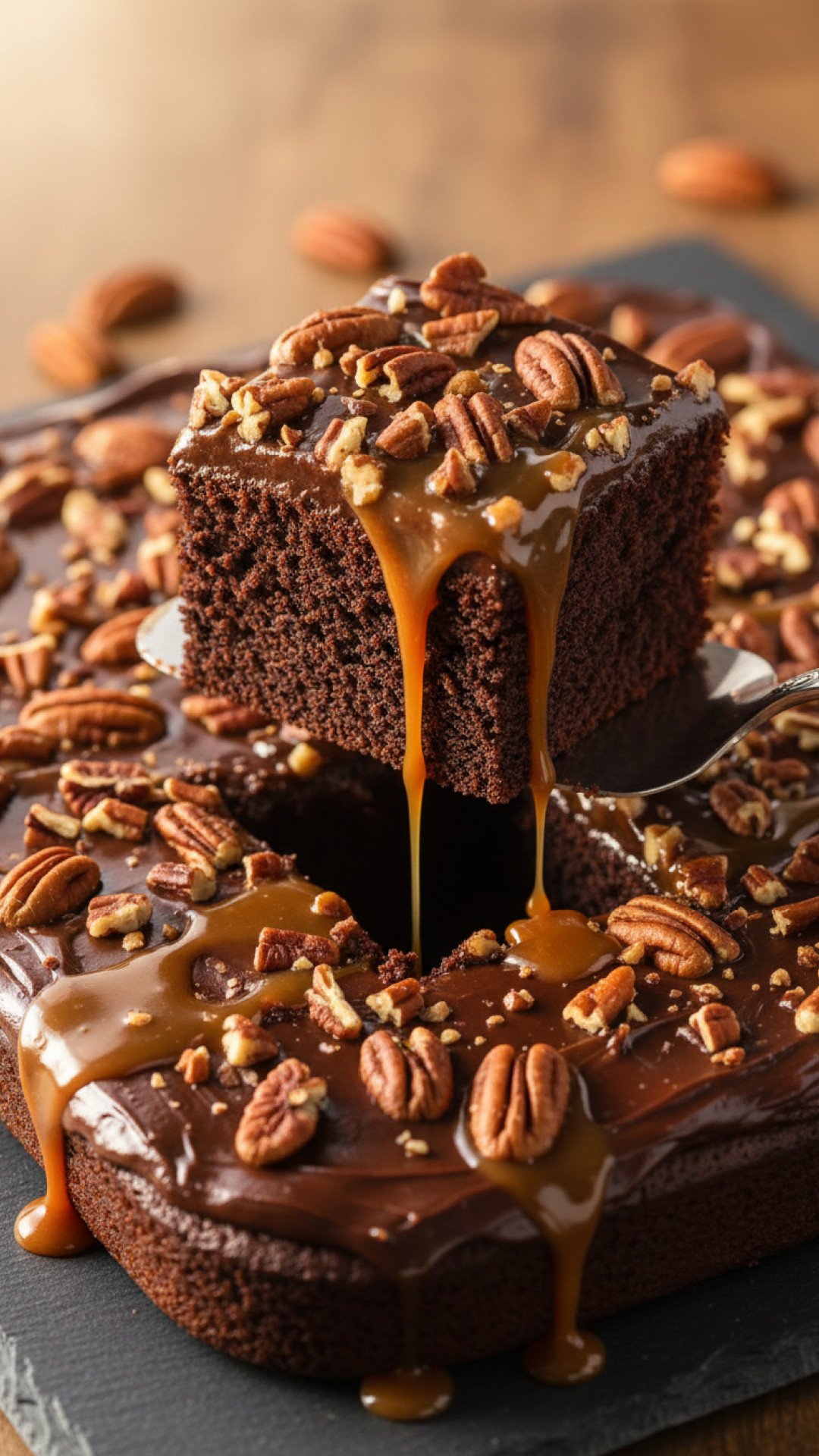 Decadent Turtle Texas Sheet Cake with Fudge, Caramel & Pecans Preparation