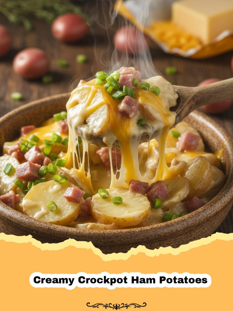 Close-up of Creamy Crockpot Ham Potatoes in a slow cooker, topped with melted cheese and fresh parsley