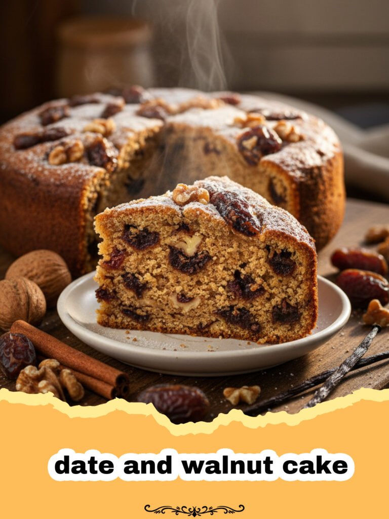 A slice of moist date and walnut cake on a white plate, garnished with a walnut half, with the full cake in the background.