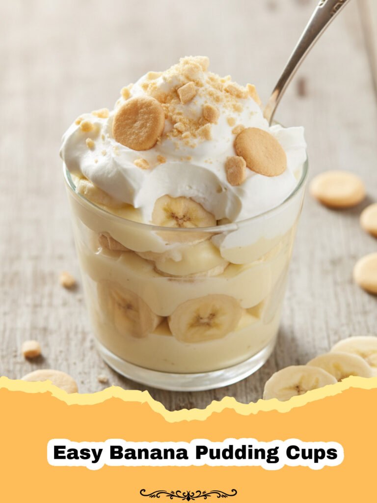 Divine Layers of Happiness: The Best Easy Banana Pudding Cups 5 Easy Banana Pudding Cups - Close-up of a glass cup filled with layers of creamy banana pudding, sliced ripe bananas, and golden vanilla wafers, topped with whipped cream and a whole wafer.