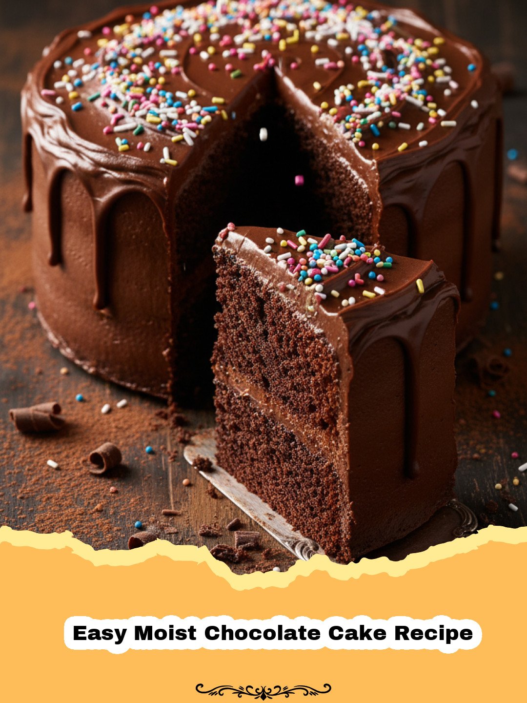 Easy Moist Chocolate Cake Recipe - Two-tiered Easy Moist Chocolate Cake with chocolate frosting and chocolate shavings