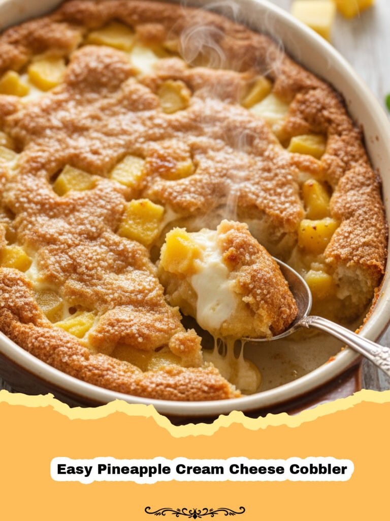 A golden-brown Easy Pineapple Cream Cheese Cobbler in a baking dish, with a scoop of vanilla ice cream melting on top.