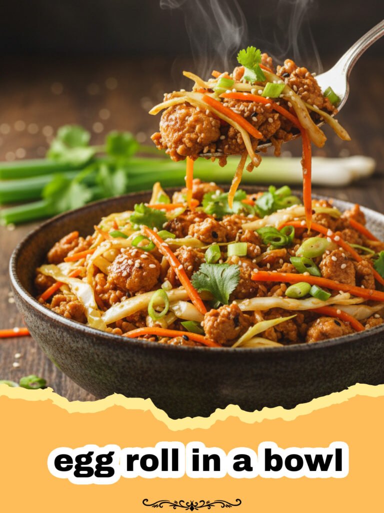 A vibrant bowl of egg roll in a bowl with ground pork, shredded cabbage, and carrots, garnished with green onions and sesame seeds.