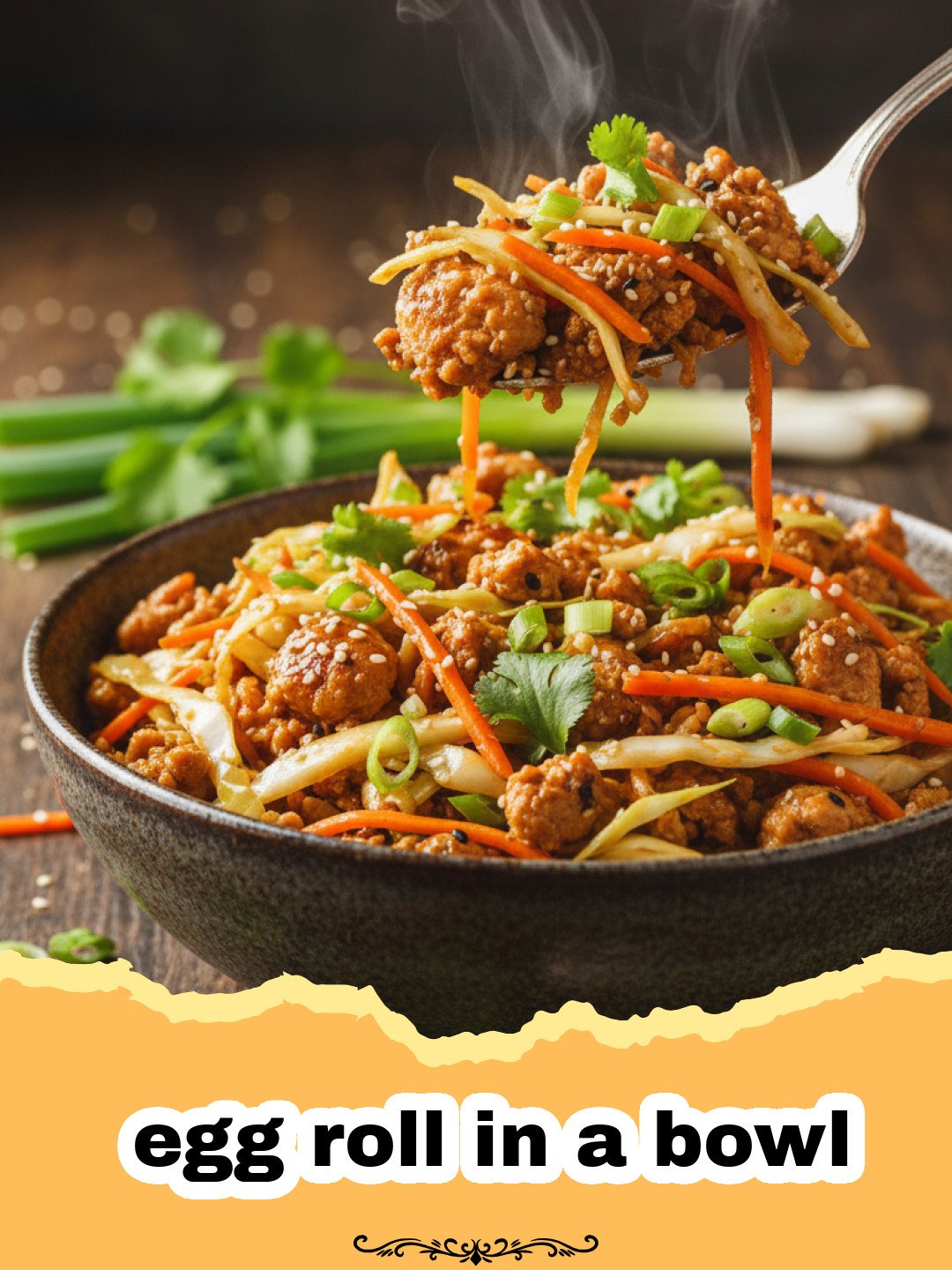 A vibrant bowl of egg roll in a bowl with ground pork, shredded cabbage, and carrots, garnished with green onions and sesame seeds.