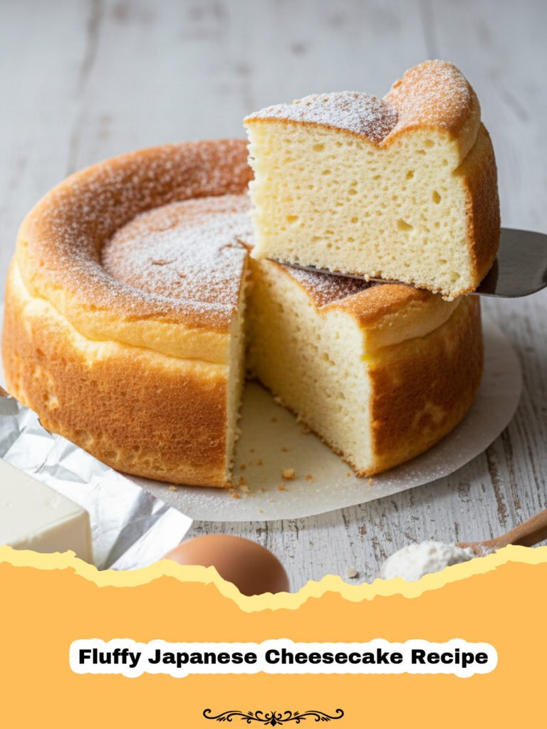 Cloud-Like Perfection: The Ultimate Fluffy Japanese Cheesecake Recipe 5 Fluffy Japanese Cheesecake Recipe - A tall, golden-brown, wobbly Fluffy Japanese Cheesecake on a white plate, dusted with powdered sugar, with a slice removed.