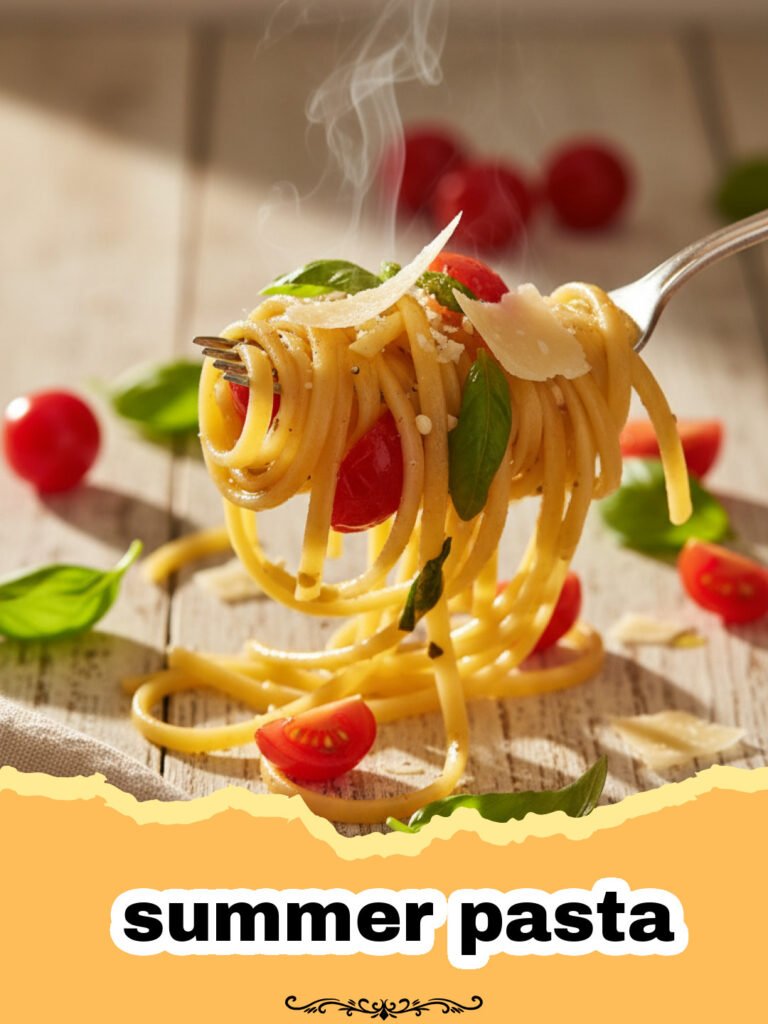 The Ultimate Fresh Summer Pasta with Burst Cherry Tomatoes and Basil 5 Close-up of fresh summer pasta with burst cherry tomatoes and basil