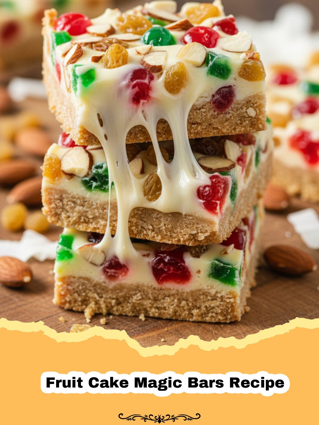 Fruit Cake Magic Bars Recipe - Close-up of a pan of freshly baked Fruit Cake Magic Bars, showing layers of dried fruit, nuts, and coconut on a graham cracker crust.