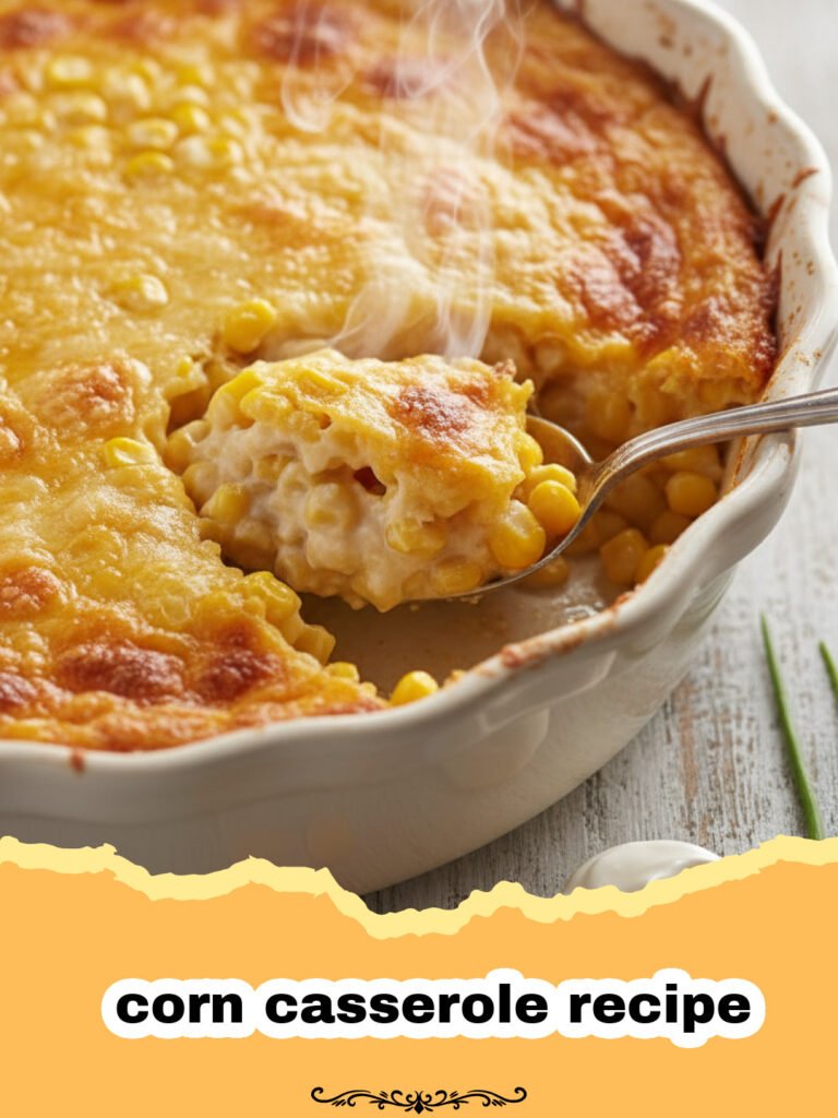 The Ultimate Creamy & Easy Corn Casserole Recipe for Any Occasion 5 corn casserole recipe - Close-up of a golden brown, bubbly corn casserole in a white baking dish, fresh from the oven, with a serving spoon taking a portion out.
