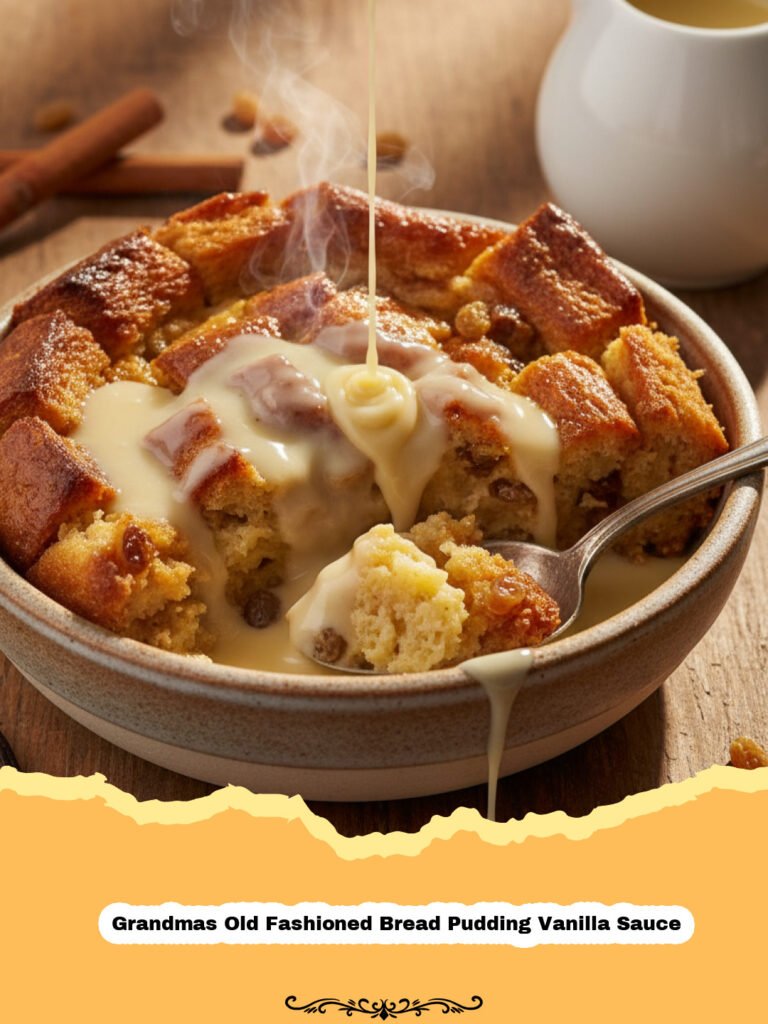 Golden brown Grandmas Old Fashioned Bread Pudding Vanilla Sauce in a white baking dish, with a serving spoon and a side of creamy vanilla sauce.