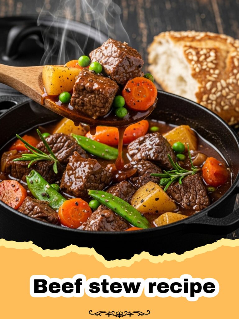 Beef stew recipe - A steaming bowl of hearty beef stew with carrots and potatoes