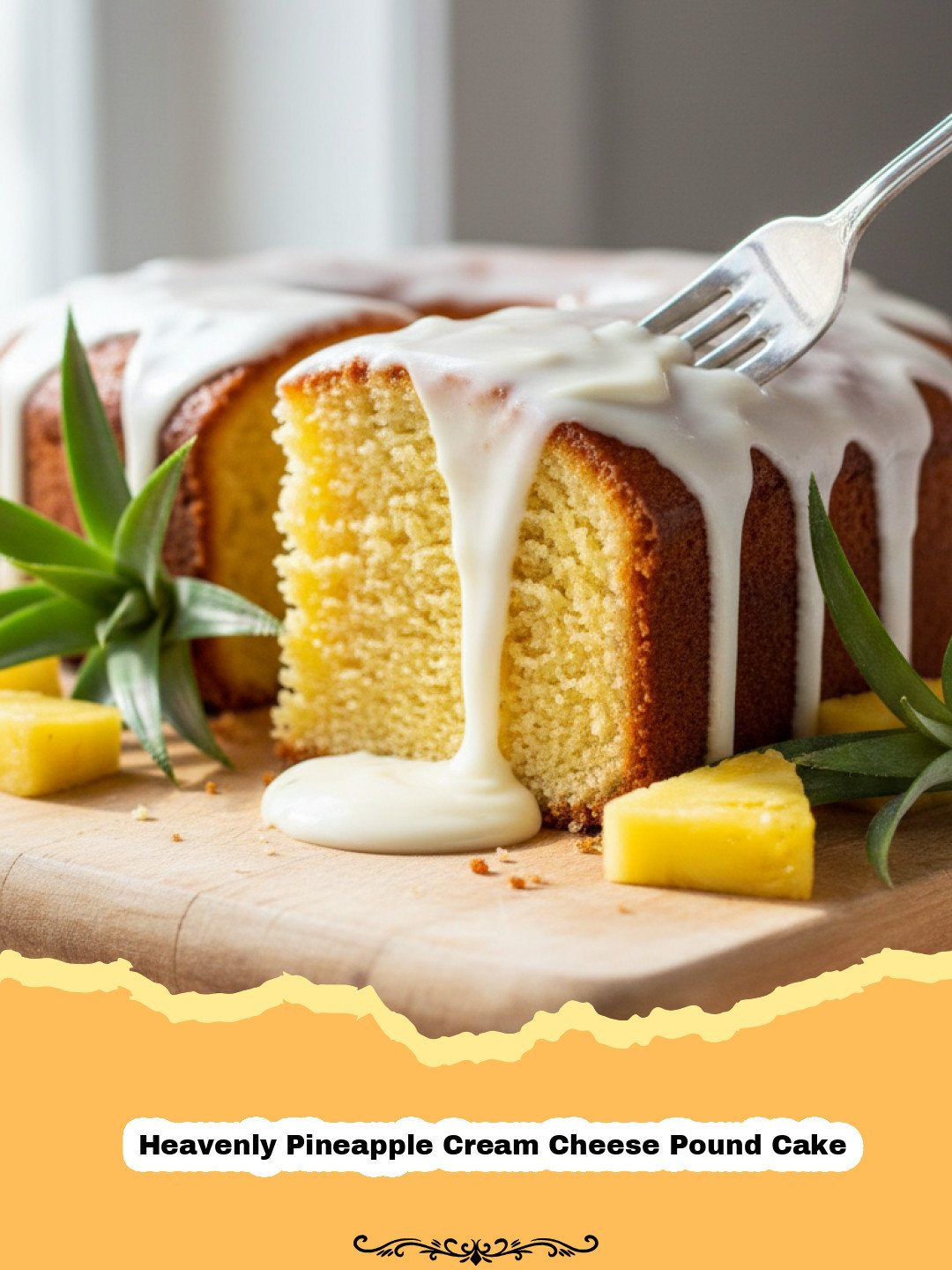 A golden-brown Heavenly Pineapple Cream Cheese Pound Cake drizzled with white glaze, garnished with fresh pineapple and mint.